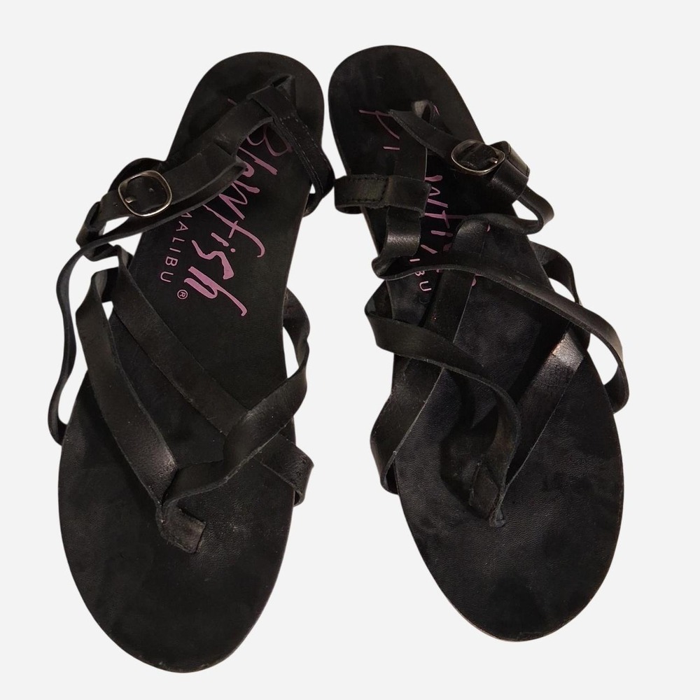 Womens Black leather Blowfish sandals with pink logo Size: 8.5